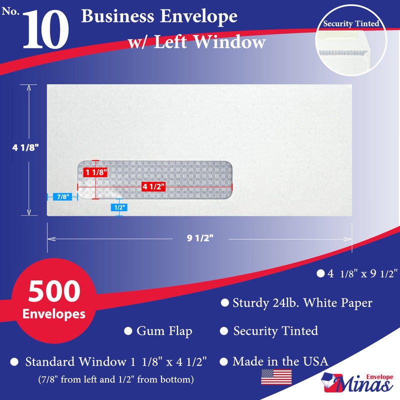 Minas Envelope 500 Minas Envelope #10 Business Envelope 4 1/8 X 9 1/2  Left Window  Security  Premium 24lb. White  Gum Flap  500 Envelopes (Standard Window) - Image 2